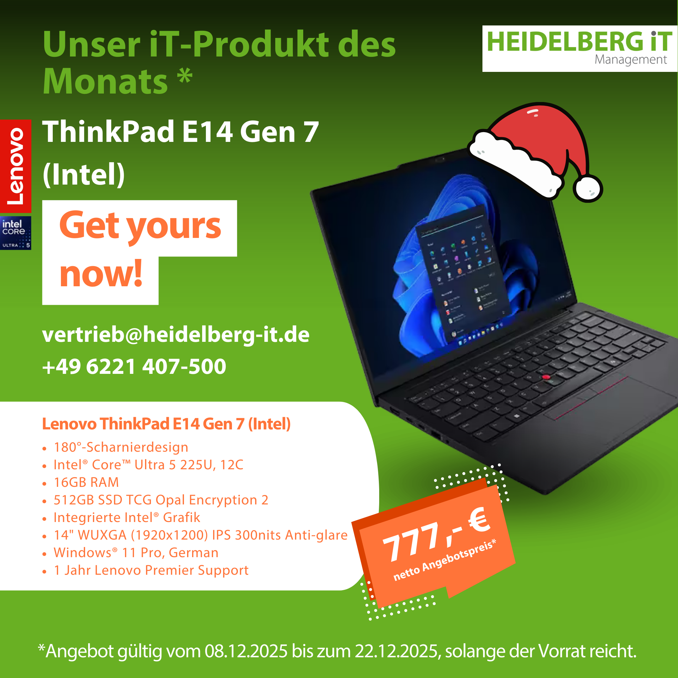 Foto des Business-Notebook Lenovo ThinkPad E14 Gen 7 (Intel) auf grünem Hintergrund mit Infofeld zu Features und Aktionspreis