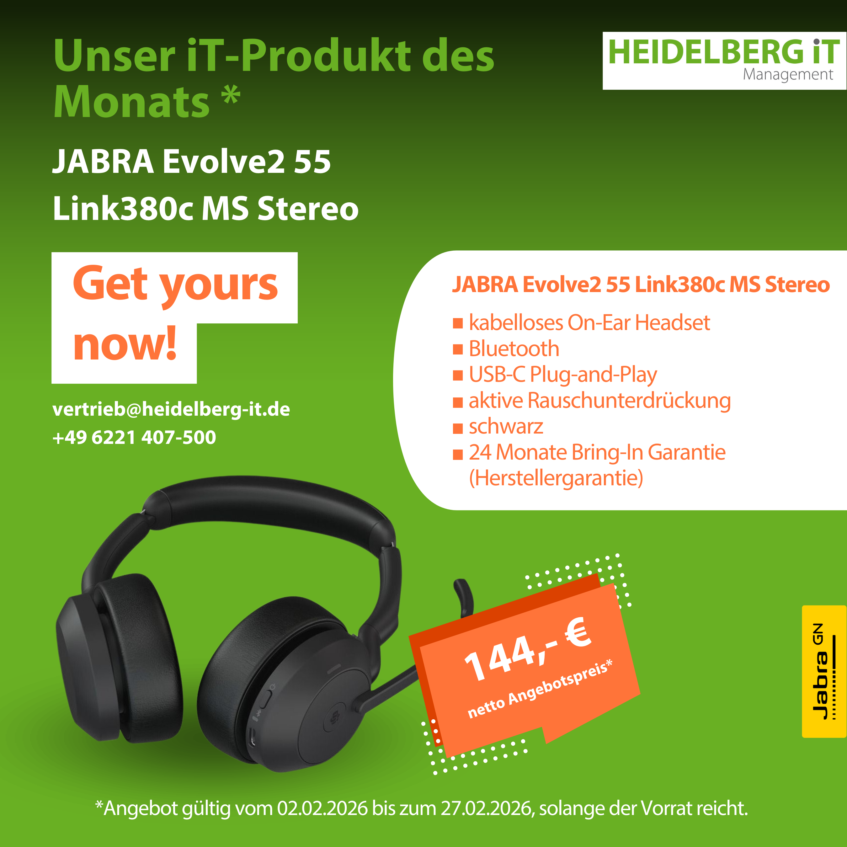 Foto des Business-Notebook Lenovo ThinkPad E14 Gen 7 (Intel) auf grünem Hintergrund mit Infofeld zu Features und Aktionspreis