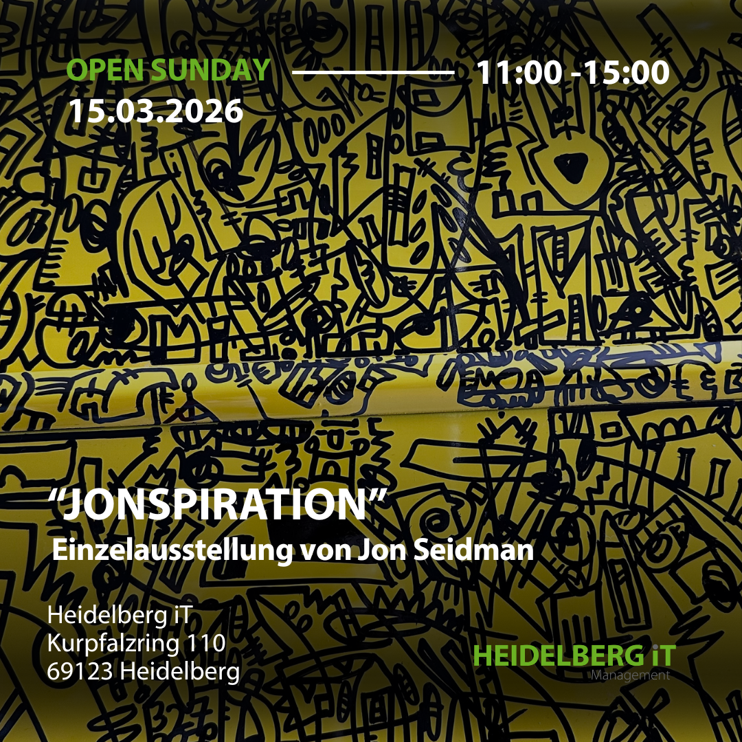 Lineart Kunst in blau-grün mit Informationen zu Öffnungszeiten der Ausstellung von Jon Seidman bei Heidelberg iT