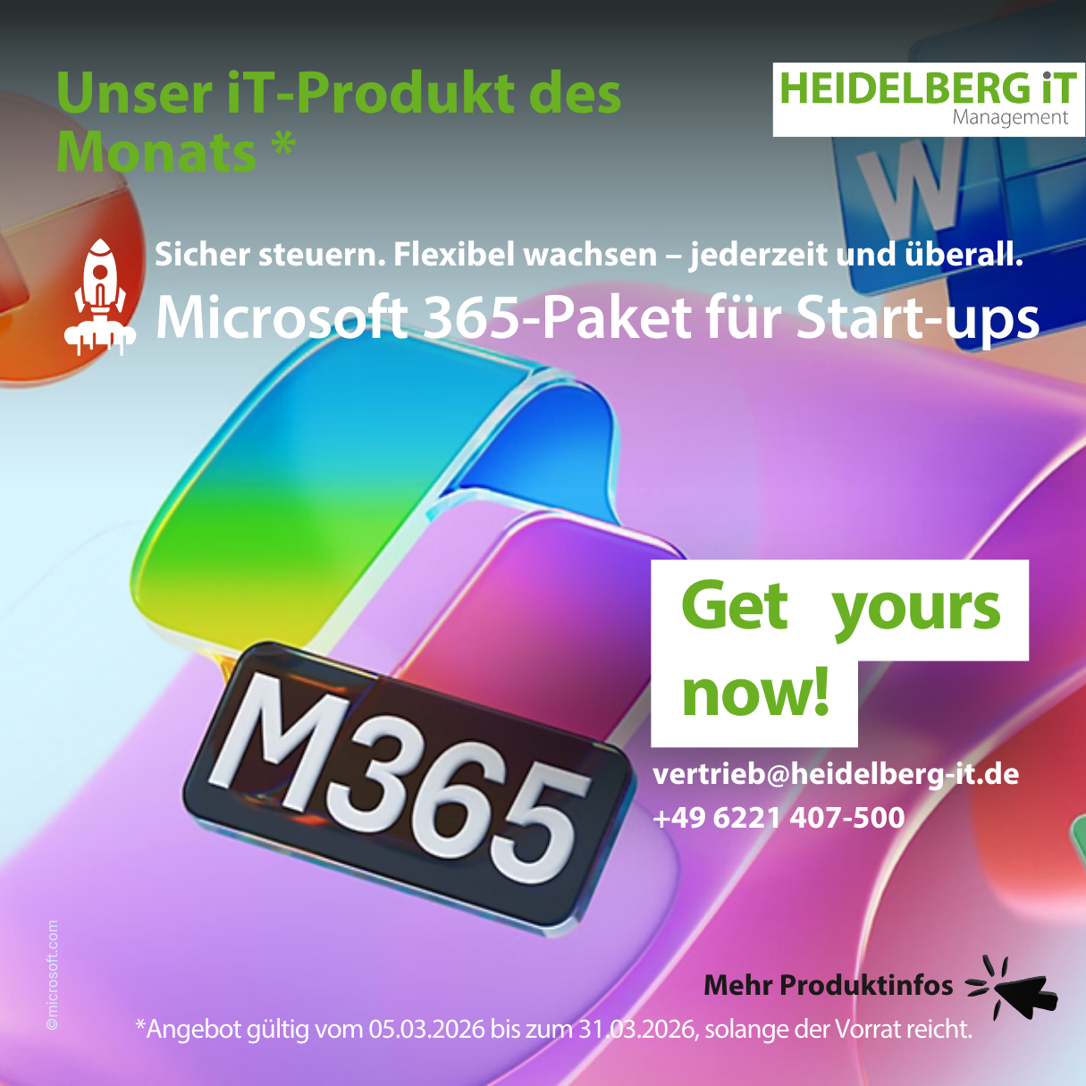 iT-Produkt des Monats_März2026_Microsoft 365-Paket für Start-ups Foto des Business-Notebook Lenovo ThinkPad E14 Gen 7 (Intel) auf grünem Hintergrund mit Infofeld zu Features und Aktionspreis