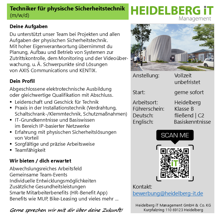 Techniker (m-w-d) physische Sicherheitstechnik Heidelberg iT Team 2023