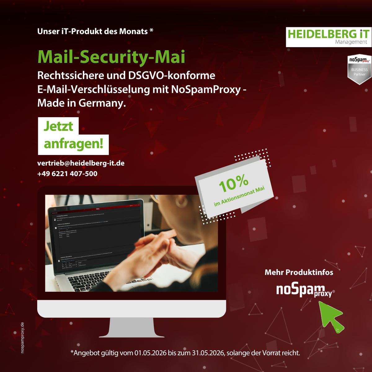 iT-Produkt des Monats_Mai26_E-Mail-Security mit NoSpamProxy Foto des Business-Notebook Lenovo ThinkPad E14 Gen 7 (Intel) auf grünem Hintergrund mit Infofeld zu Features und Aktionspreis