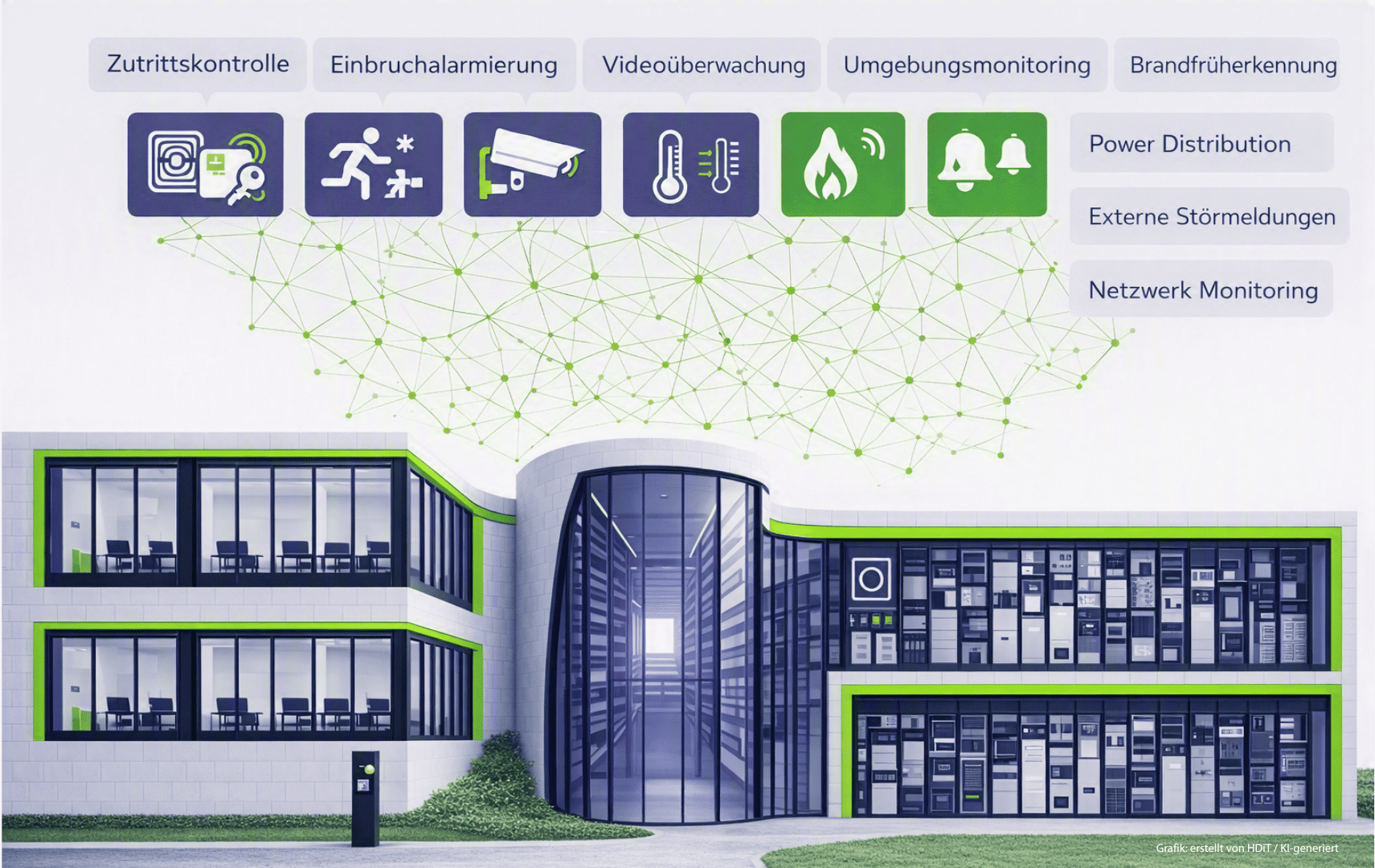 Intelligente physische Sicherheitssysteme und moderne Gebäudeüberwachung aus einer Hand Büro- und Rechenzentrumsgebäude im Anschnitt; dazu Icons der einzelnen Bereiche der physischen Sicherheit
